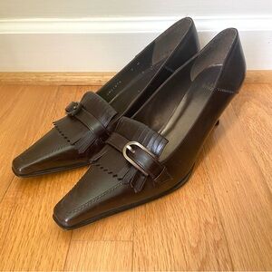 Stuart Weitzman Shoes Womens 9 M Pump Slip On Kitten Heel Brown Leather Fringed